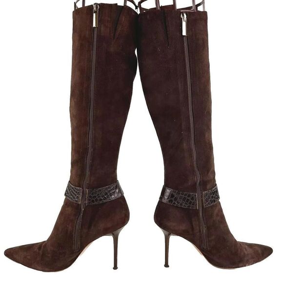 Sacco Brown Suede Knee High Stiletto Boot US 6 Diamond Buckle Pointy-toe Boote